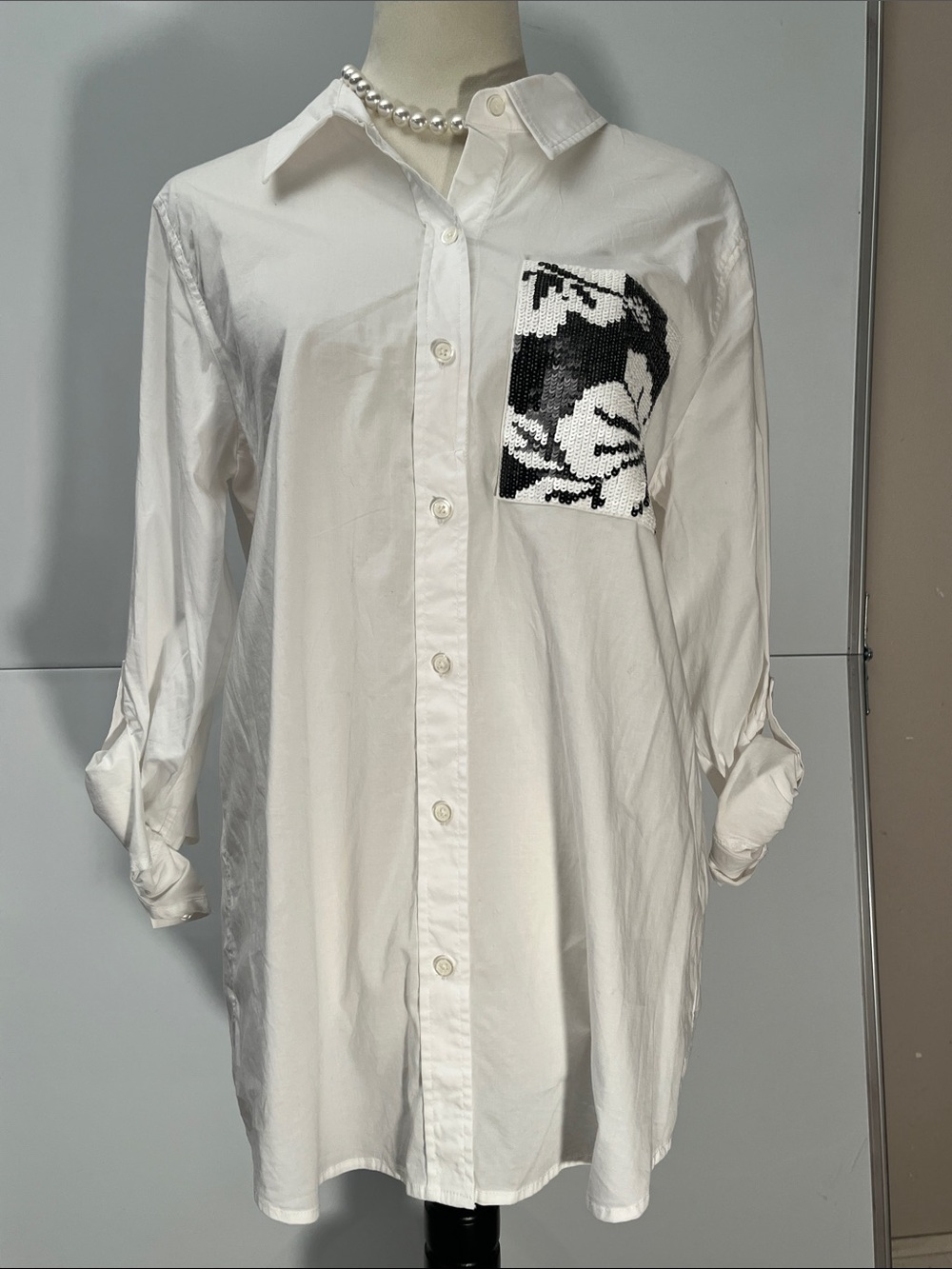 MICHAEL Michael Kors White Button-Down Shirt with Navy Sequin Pocket
